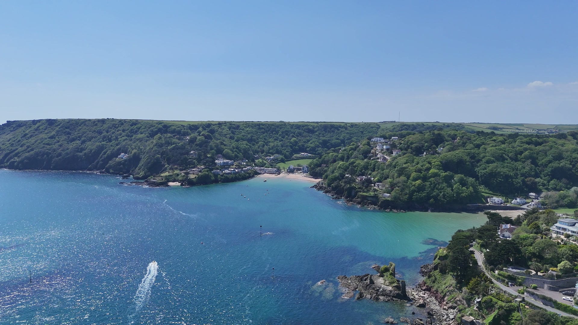 Real aerial view of the Salcombe coastline near Kingsbridge in South Devon