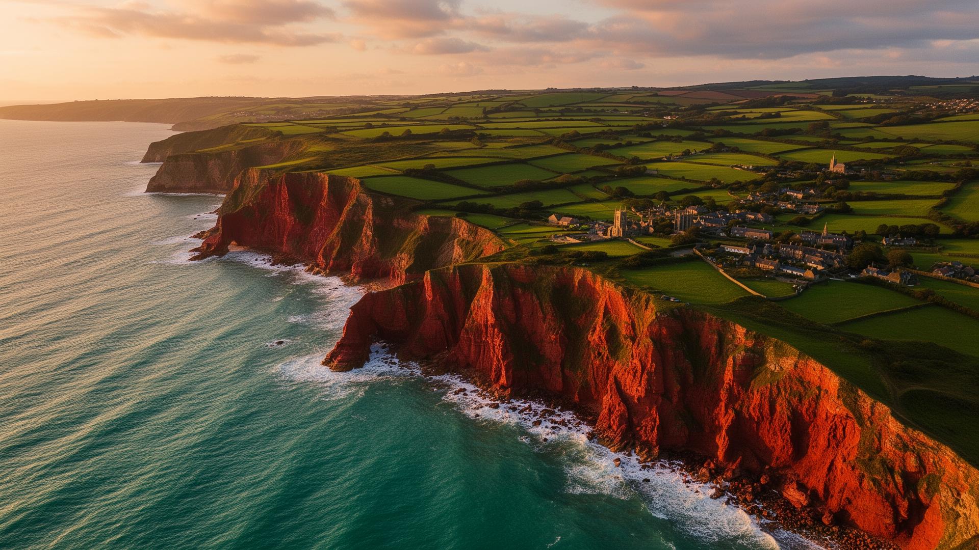 Aerial view of the South Devon coastline at golden hour
