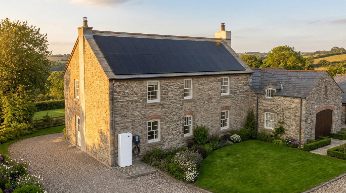 Solar panel installation with bird guard mesh by Grants Electrical Solutions Ltd on a Devon farmhouse roof